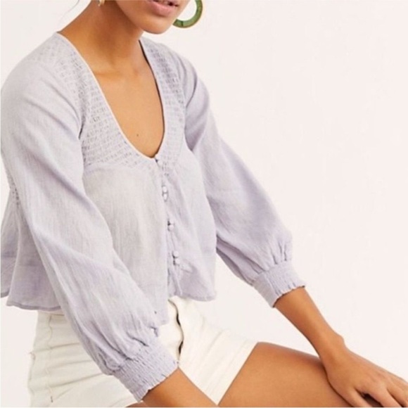 Free People Waiting on Summer Smocked Crop Top Lilac Lavender Purple Festival - Picture 2 of 13